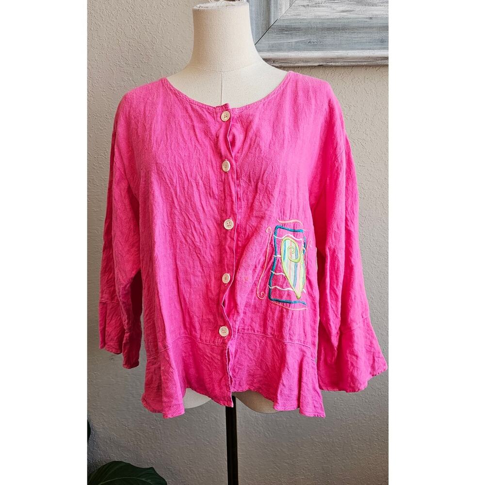Liz and Jane‎ Women's Linen Whimsical Embroidered Button Front Top Size L Pink